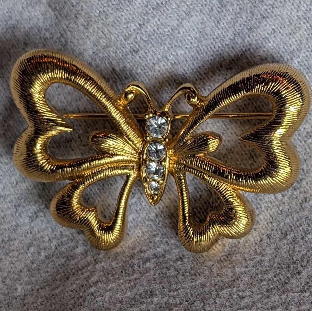 Monet Vintage Elegant Gold Butterfly Brooch with Crystal Accents